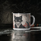 Tuxedo Cat with Flowers, Enamel Camping Mug
