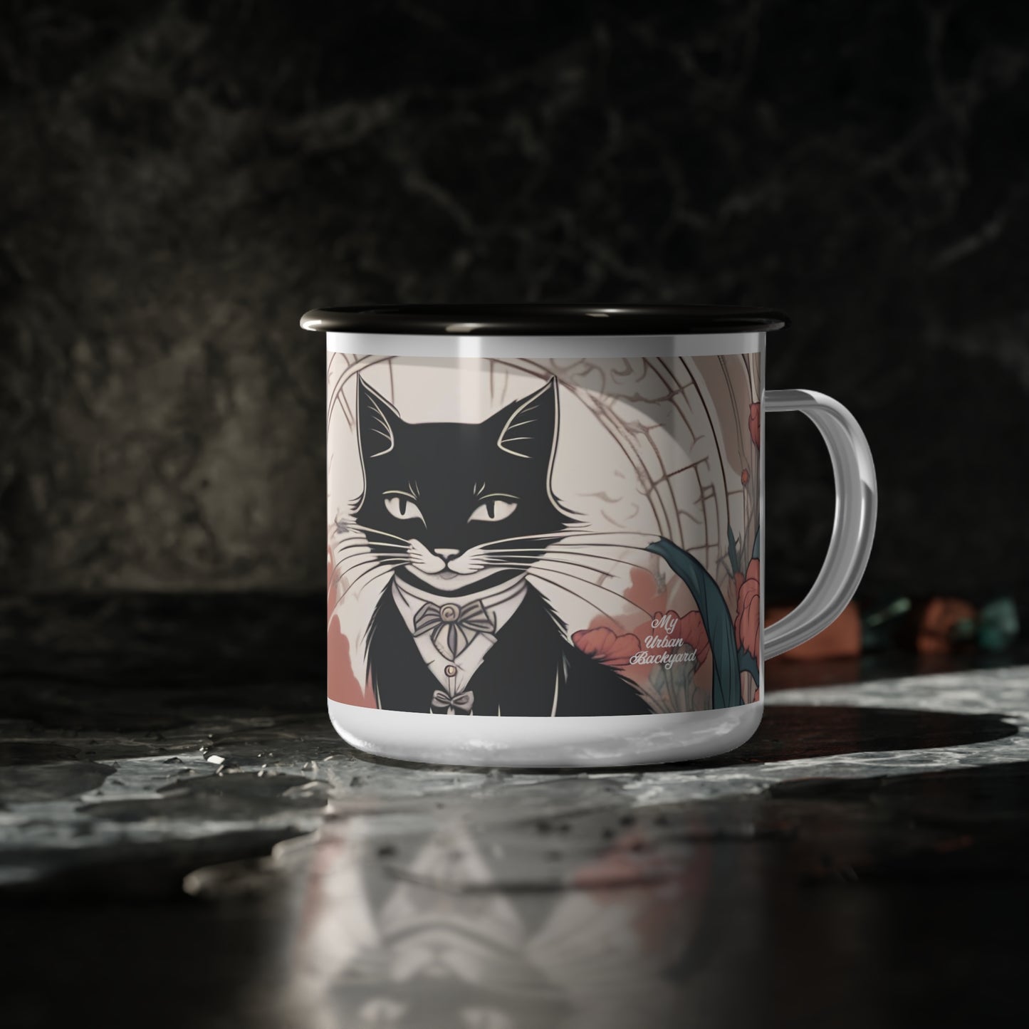 Tuxedo Cat with Flowers, Enamel Camping Mug for Coffee, Tea, Cocoa, or Cereal - 12oz