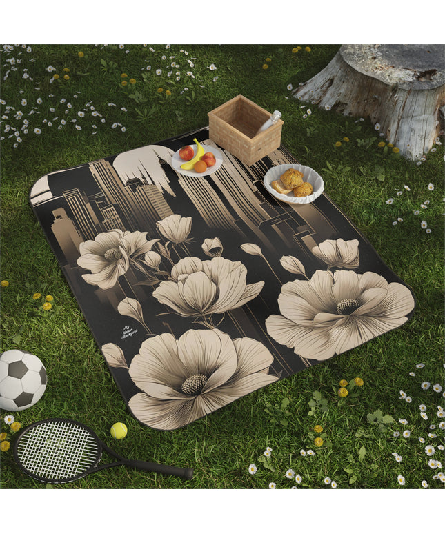 Urban Moon with Flowers, Outdoor Picnic Blanket with Soft Fleece Top, Water-Resistant Bottom, 51" × 61"