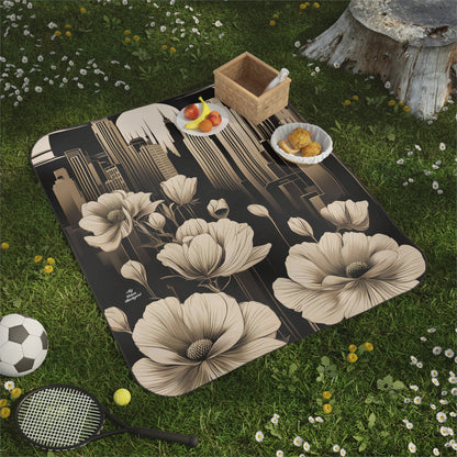 Urban Moon with Flowers, Outdoor Picnic Blanket with Soft Fleece Top, Water-Resistant Bottom, 51" × 61"