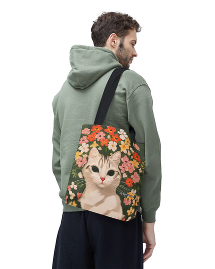 White Cat with Flowers Tote Bag with Cotton Handles For Everyday Use, 3 Sizes