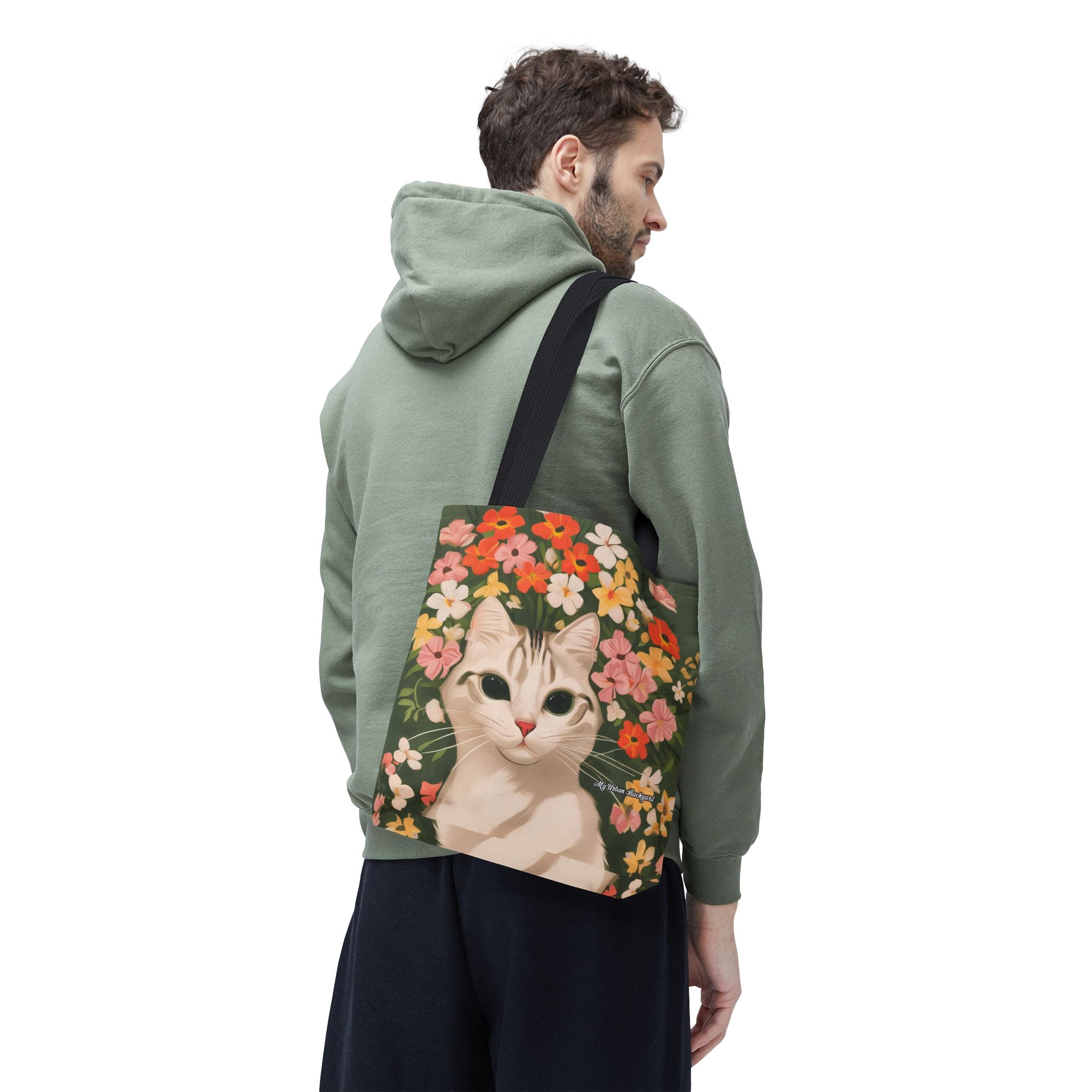 White Cat with Flowers Tote Bag with Cotton Handles For Everyday Use, 3 Sizes