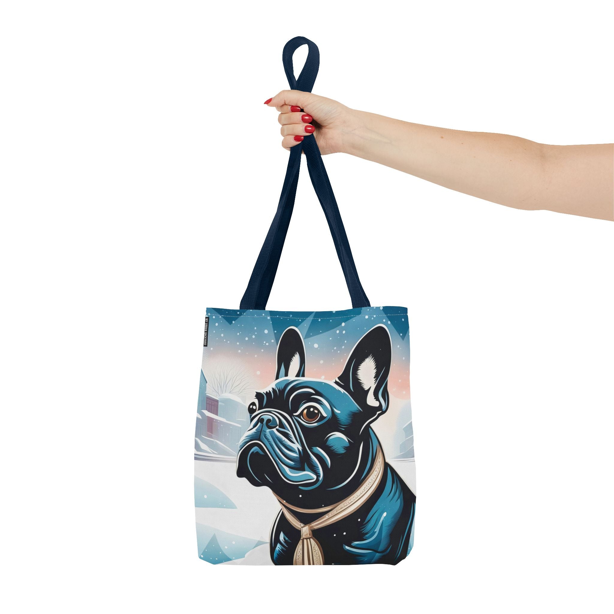 French Bulldog Winter Tote Bag — Snowy Pup All-Over Print Tote
