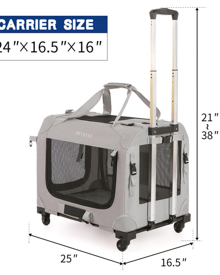 Extra Large Cat Carrier Soft Sided with Wheels Folding Small Medium Dog Pet Carrier 24"x16.5"x16" Travel Collapsible Ventilated Comfortable Design Portable Vehicle