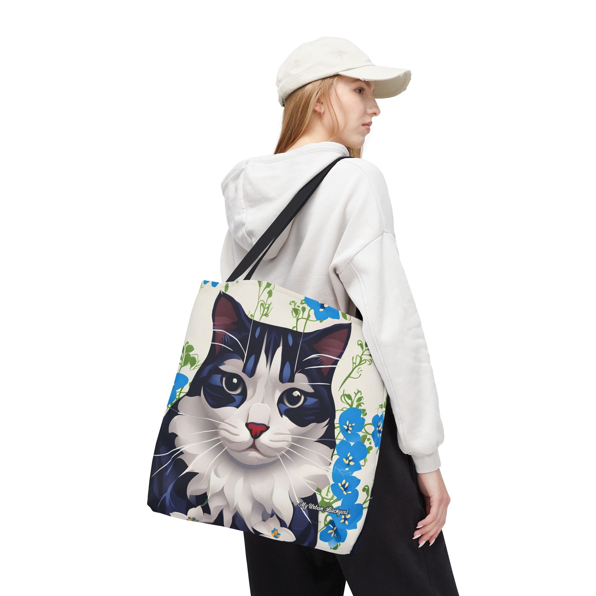 Cat and Blue Flowers Tote Bag with Cotton Handles For Everyday Use, 3 Sizes