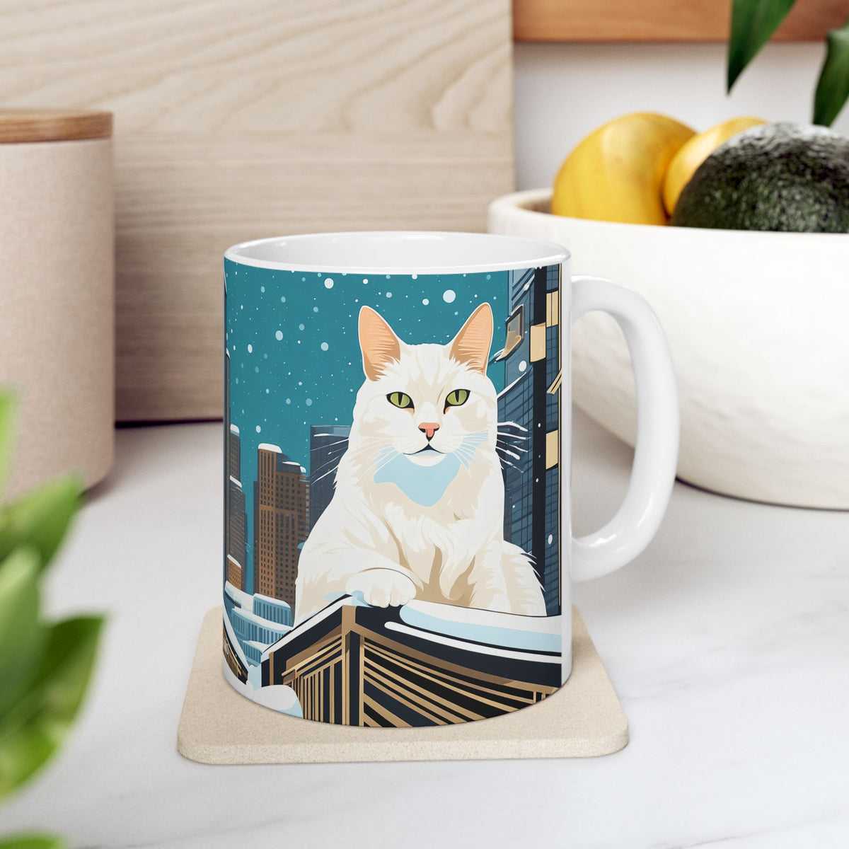 Snowy City Cat Ceramic Mug - 11 oz