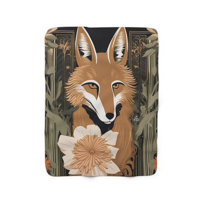 Art Deco Coyote w Flower, Sherpa Fleece Blanket for Cozy Warmth, 50"x60"