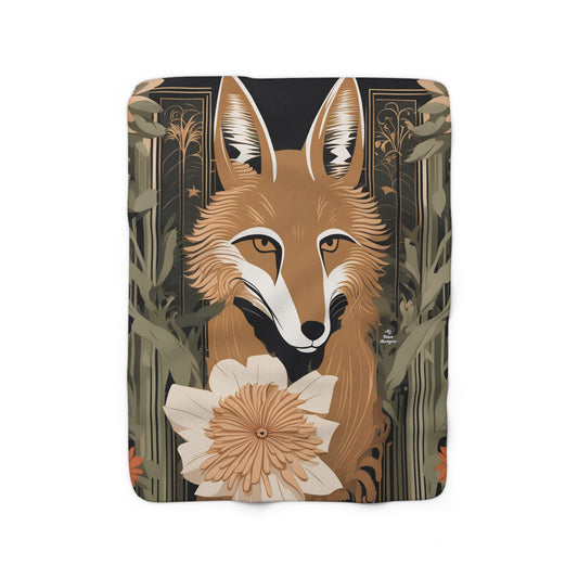 Art Deco Coyote w Flower, Sherpa Fleece Blanket for Cozy Warmth, 50"x60"