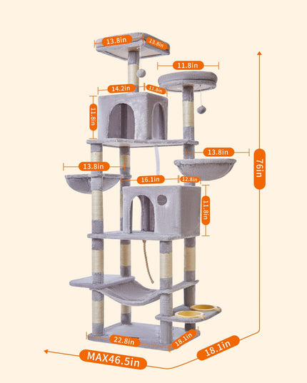 Taoqimiao 76-Inch Cat Tree Cat Tower for Indoor Cats, Plush Multi-Level Cat Condo with 12 Scratching Posts, 2 Perches, 2 Caves, Hammock, 2 Pompoms MS016W Light Gray