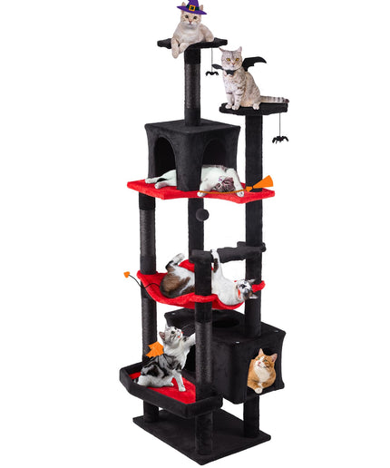 Erinnyees Gothic Cat Tree, 70.5" Heavy Duty Black Cat Tower, Tall Goth Tree with Dual Kitty Condo, Maine Coon Kitty Scratching Post with Coffin Bed, Hammock, Spooky Balls