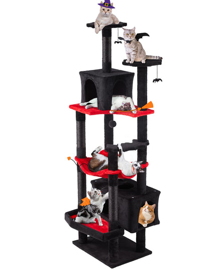 Erinnyees Gothic Cat Tree, 70.5" Heavy Duty Black Cat Tower, Tall Goth Tree with Dual Kitty Condo, Maine Coon Kitty Scratching Post with Coffin Bed, Hammock, Spooky Balls