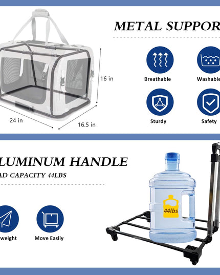 Extra Large Cat Carrier Soft Sided with Wheels Folding Small Medium Dog Pet Carrier 24"x16.5"x16" Travel Collapsible Ventilated Comfortable Design Portable Vehicle