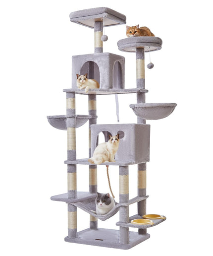 Taoqimiao 76-Inch Cat Tree Cat Tower for Indoor Cats, Plush Multi-Level Cat Condo with 12 Scratching Posts, 2 Perches, 2 Caves, Hammock, 2 Pompoms MS016W Light Gray