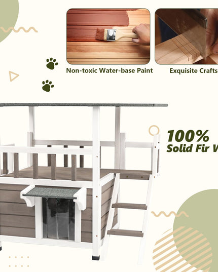 PetsCosset Outdoor Cat House Weatherproof - Two Story Wooden Cat Shelter Outside Feral Cat House with Climbing Ladder, Rain Curtain, Escape Door