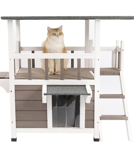 PetsCosset Outdoor Cat House Weatherproof - Two Story Wooden Cat Shelter Outside Feral Cat House with Climbing Ladder, Rain Curtain, Escape Door