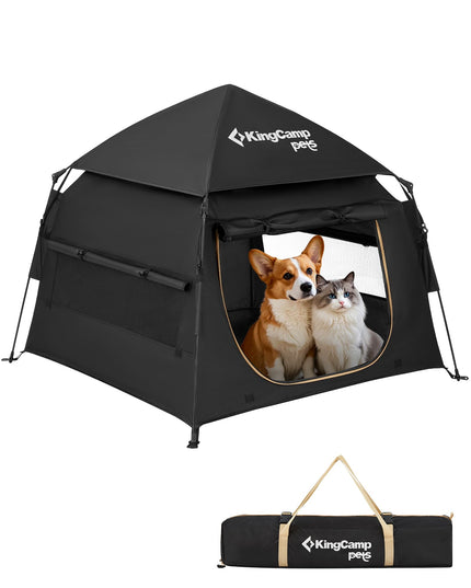 KingCamp Large Automatic Pop-Up Dog Tent, Portable Dog House for Indoor&Outdoor Use, Cozy Dog Bed Tent with Rain Hood, Black, 39.37" x 39.37" x 29.53"