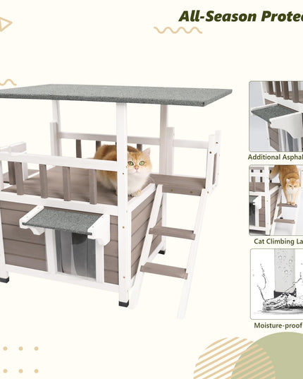 PetsCosset Outdoor Cat House Weatherproof - Two Story Wooden Cat Shelter Outside Feral Cat House with Climbing Ladder, Rain Curtain, Escape Door