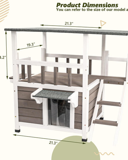 PetsCosset Outdoor Cat House Weatherproof - Two Story Wooden Cat Shelter Outside Feral Cat House with Climbing Ladder, Rain Curtain, Escape Door
