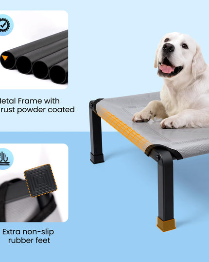 Heeyoo Elevated Dog Bed, Cooling Raised Pet Cot with Chew Proof Mesh Fabric and Steel Frame, Portable Dog Cot Bed with No-Slip Rubber Feet for Outdoor Indoor Use