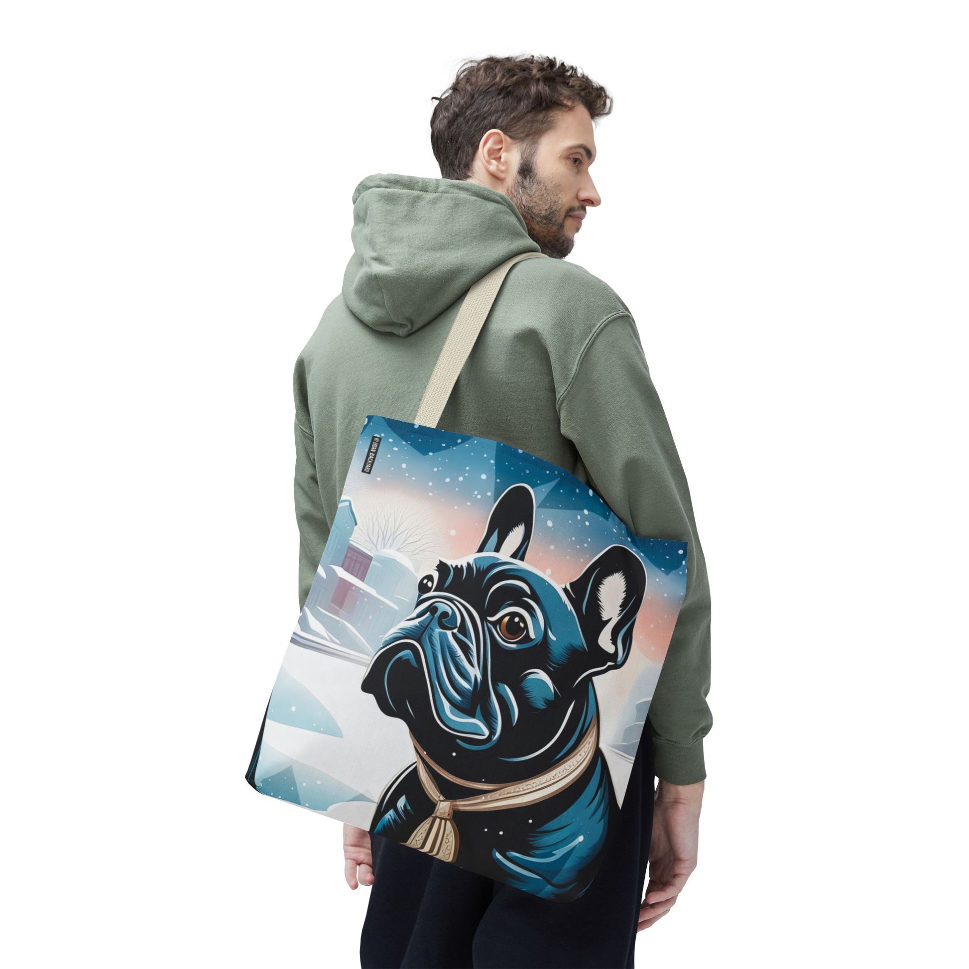 French Bulldog Winter Tote Bag — Snowy Pup All-Over Print Tote