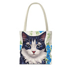 Cat and Blue Flowers Tote Bag with Cotton Handles For Everyday Use, 3 Sizes