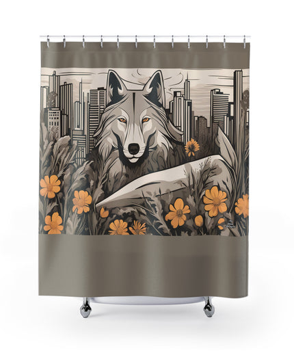 Art Deco Urban Wolf Shower Curtain, Taupe accent color - Transform Your Bathroom, 71" x 74"