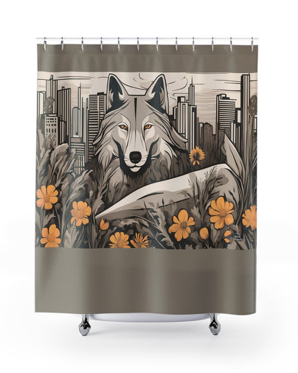 Art Deco Urban Wolf Shower Curtain, Taupe accent color - Transform Your Bathroom, 71" x 74"