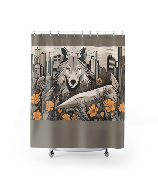 Art Deco Urban Wolf Shower Curtain, Taupe accent color - Transform Your Bathroom, 71" x 74"