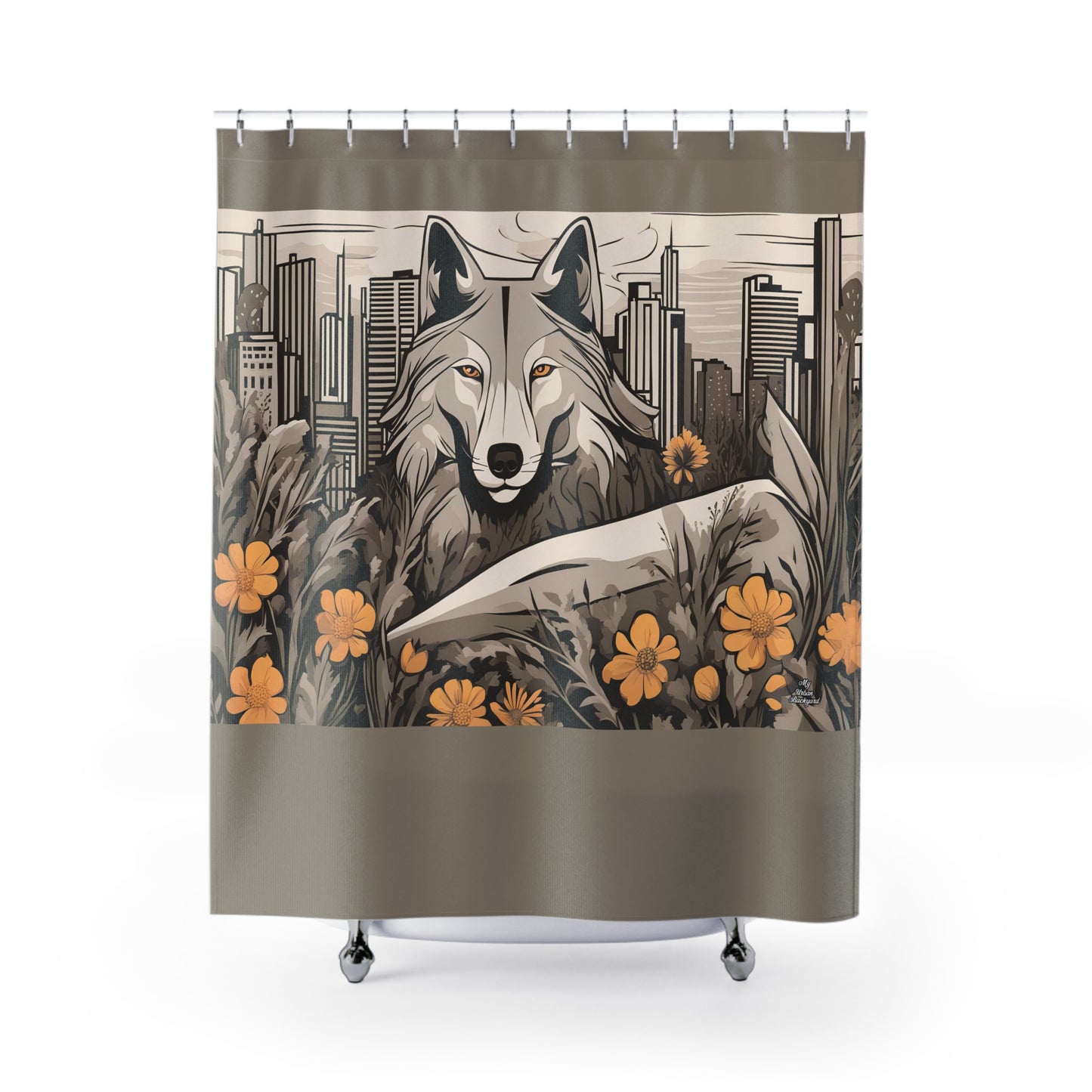 Art Deco Urban Wolf Shower Curtain, Taupe accent color - Transform Your Bathroom, 71" x 74"