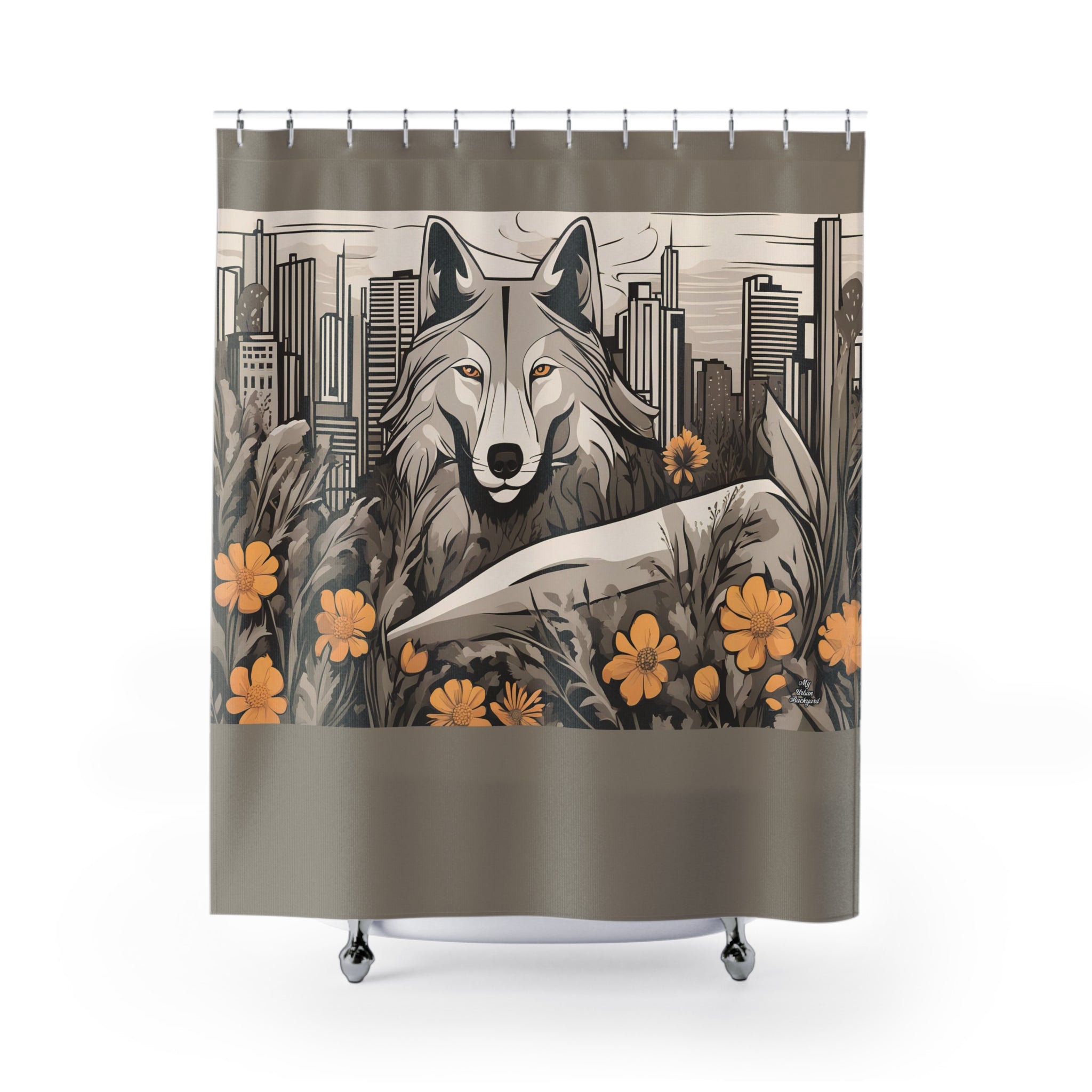Taupe Shower Curtain with Art Deco Urban Wolf - 71" x 74"