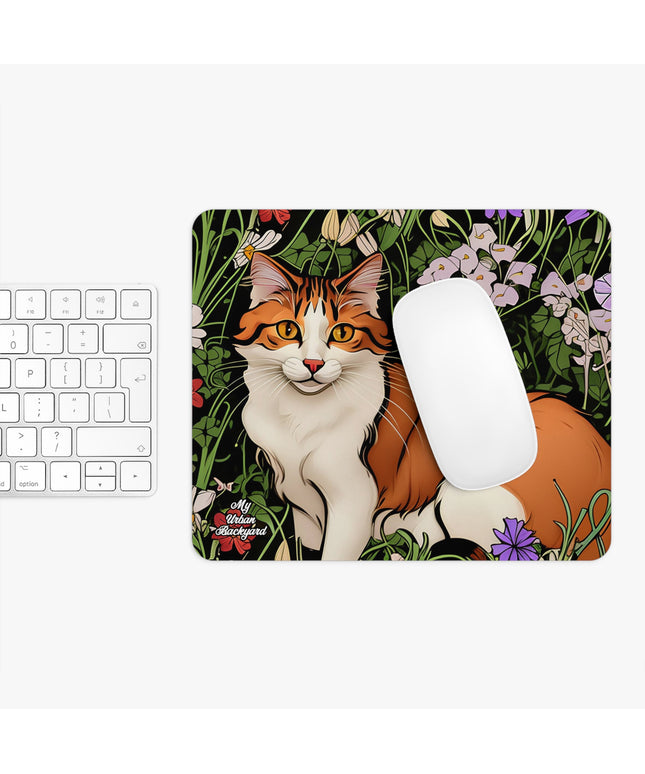Orange and White Cat with Flowers, Computer Mouse Pad - for Home or Office