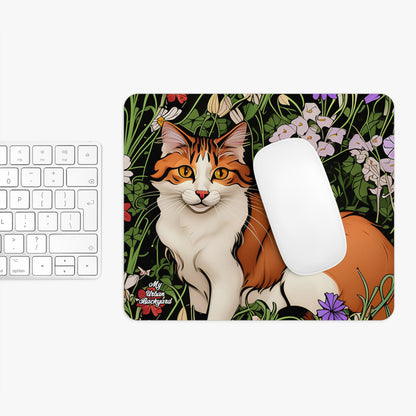 Orange and White Cat with Flowers, Computer Mouse Pad - for Home or Office