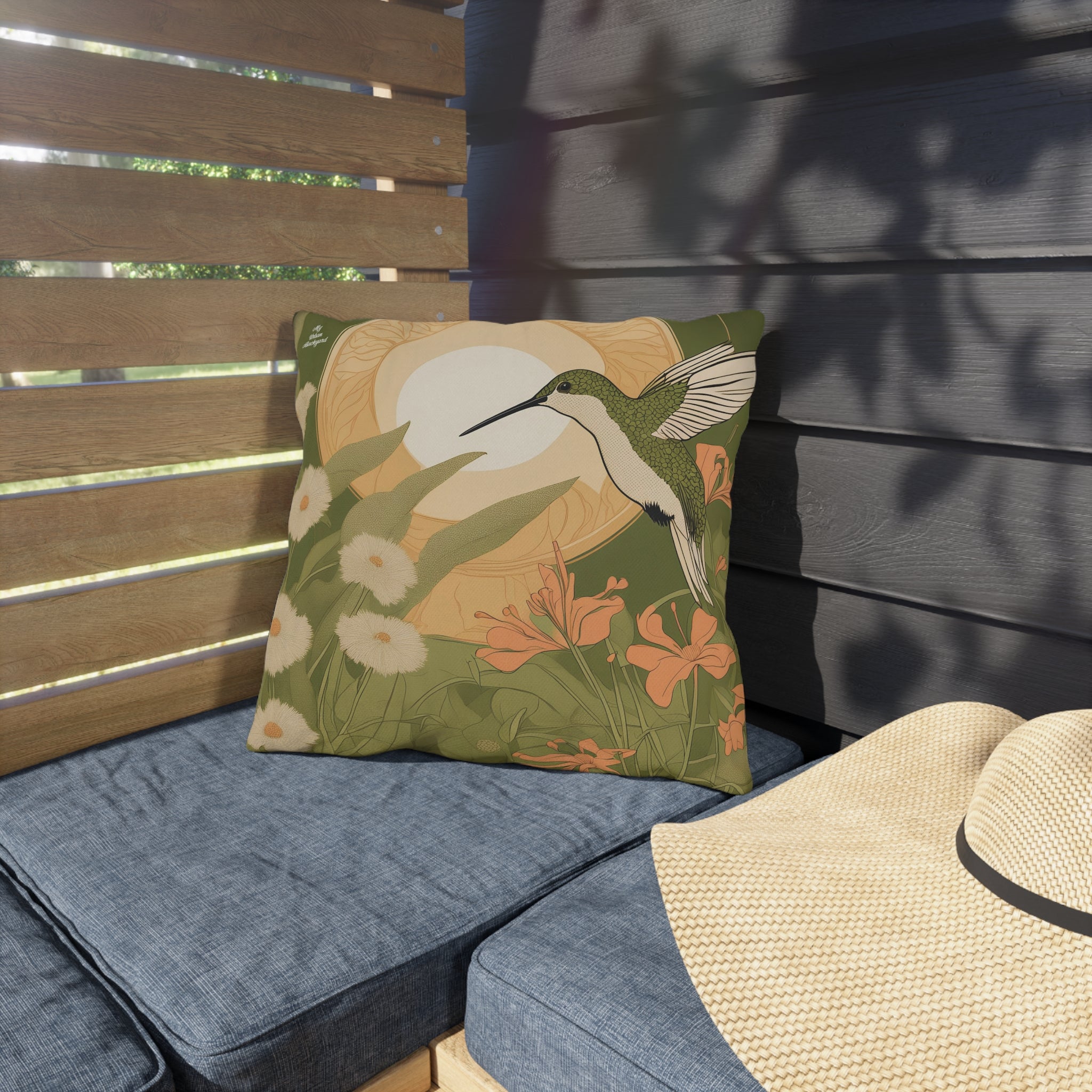 Green Hummingbird w Flowers, Taupe accent color, Throw Pillow