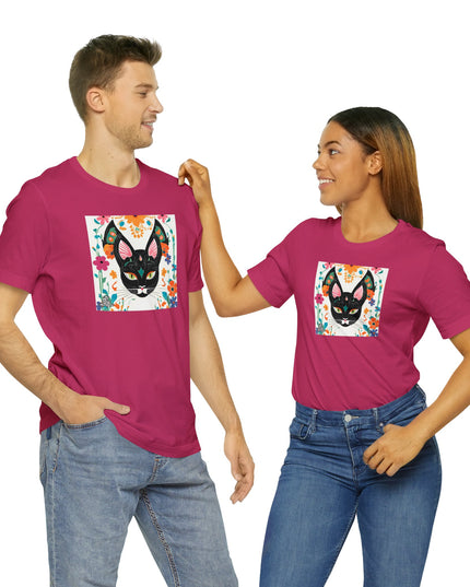 Black Cat w Green Eyes & Flowers, Soft 100% Jersey Cotton T-Shirt, Unisex, Short Sleeve, Retail Fit