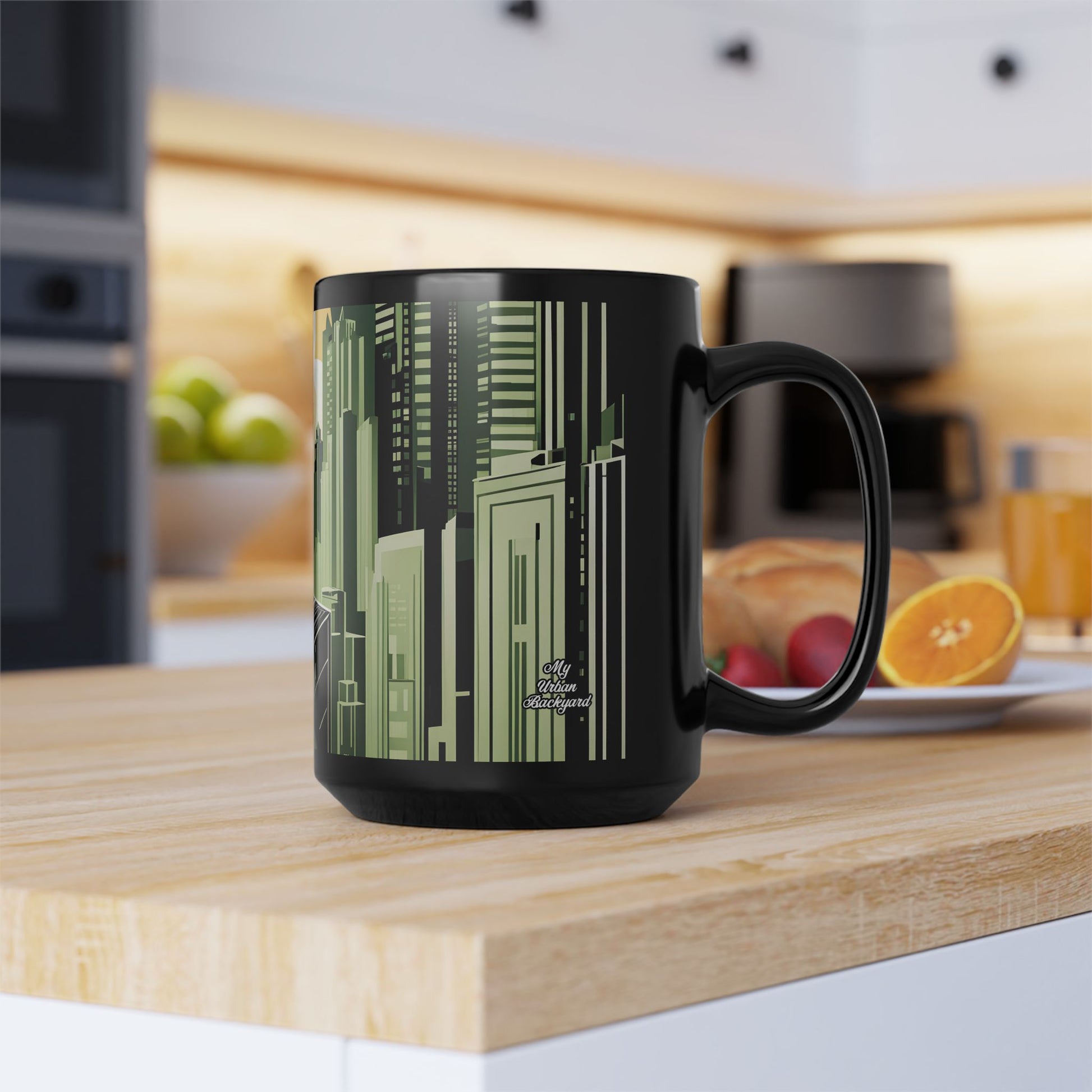 Art Deco Coyote Mug, Unique 11oz/15oz Black Coffee Cup, Retro Home Decor, Gift for Animal Lovers, Vintage Style, Perfect for Any Occasion