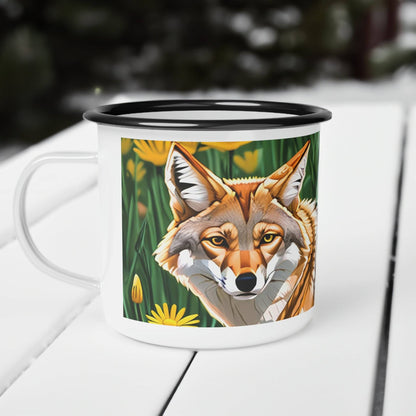 Enamel Camping Mug for Coffee, Tea, Hot Cocoa, Cereal, 12oz, Coyote w Flowers