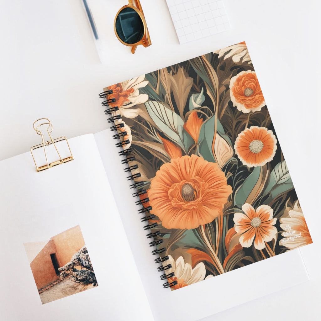 Orange Flowers, Spiral Notebook Writing Journal - 118 Ruled Pages
