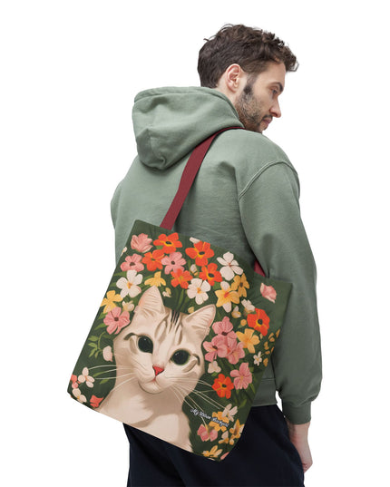 White Cat with Flowers Tote Bag with Cotton Handles For Everyday Use, 3 Sizes