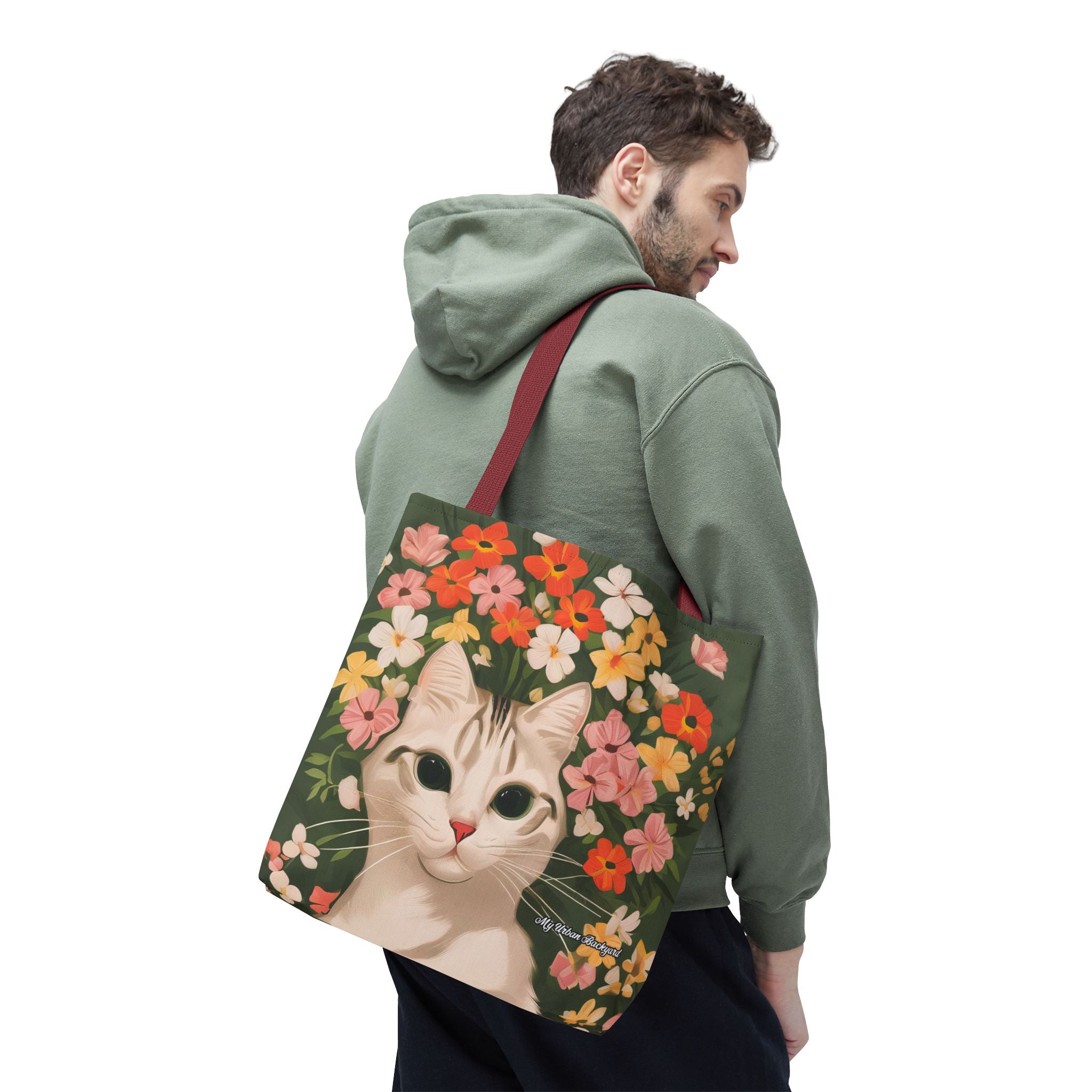 White Cat with Flowers Tote Bag with Cotton Handles For Everyday Use, 3 Sizes