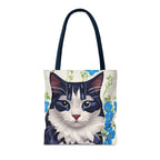 Cat and Blue Flowers Tote Bag with Cotton Handles For Everyday Use, 3 Sizes