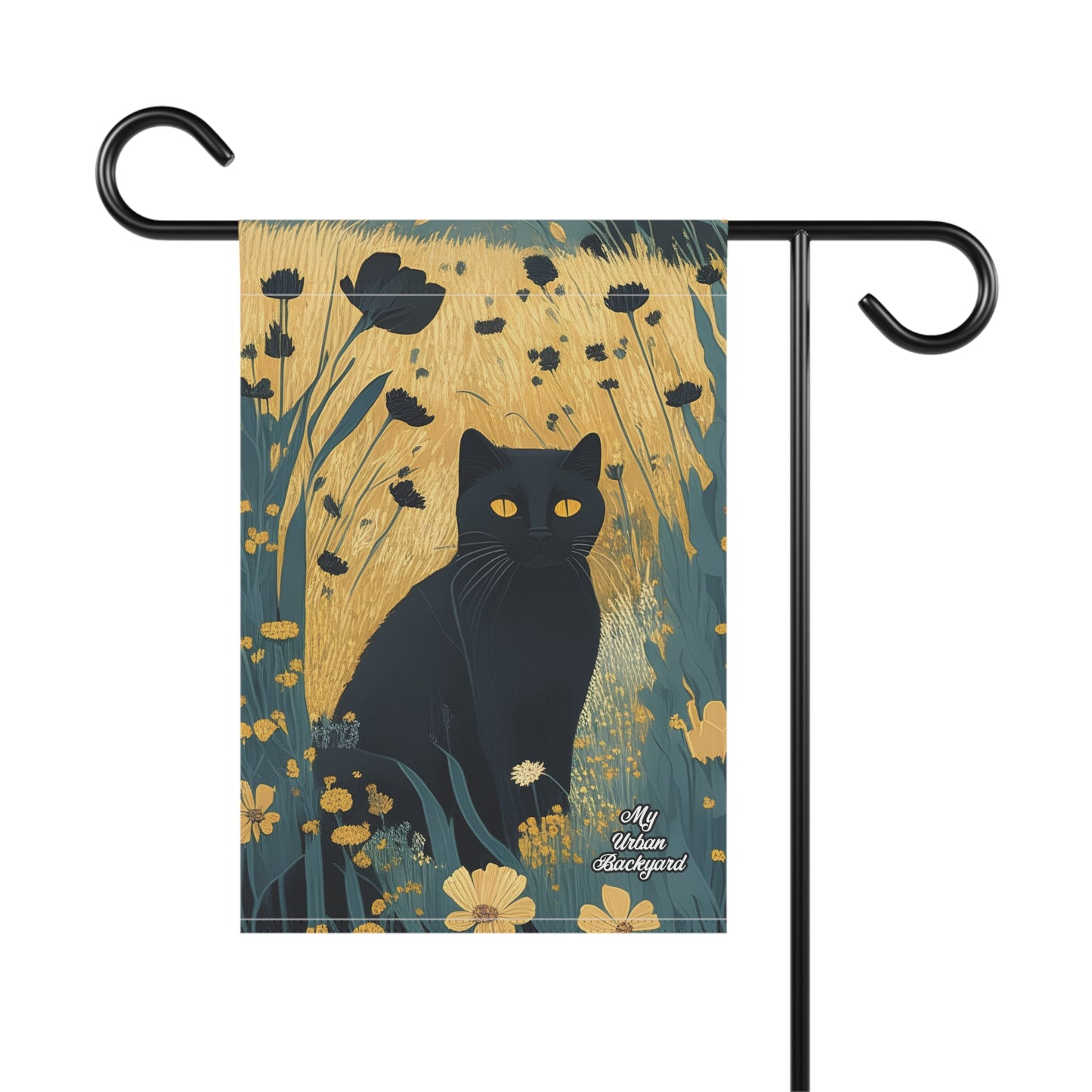 Black Cat with Black Flowers, Garden Flag for Yard, Patio, Porch, or Work, 12"x18" - Flag only