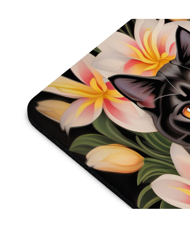 Silky Black Cat with Flowers, Computer Mouse Pad - for Home or Office