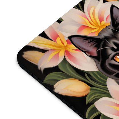 Silky Black Cat with Flowers, Computer Mouse Pad - for Home or Office