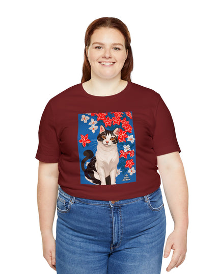 Cat with Red and White Flowers, Soft 100% Jersey Cotton T-Shirt, Unisex, Short Sleeve, Retail Fit