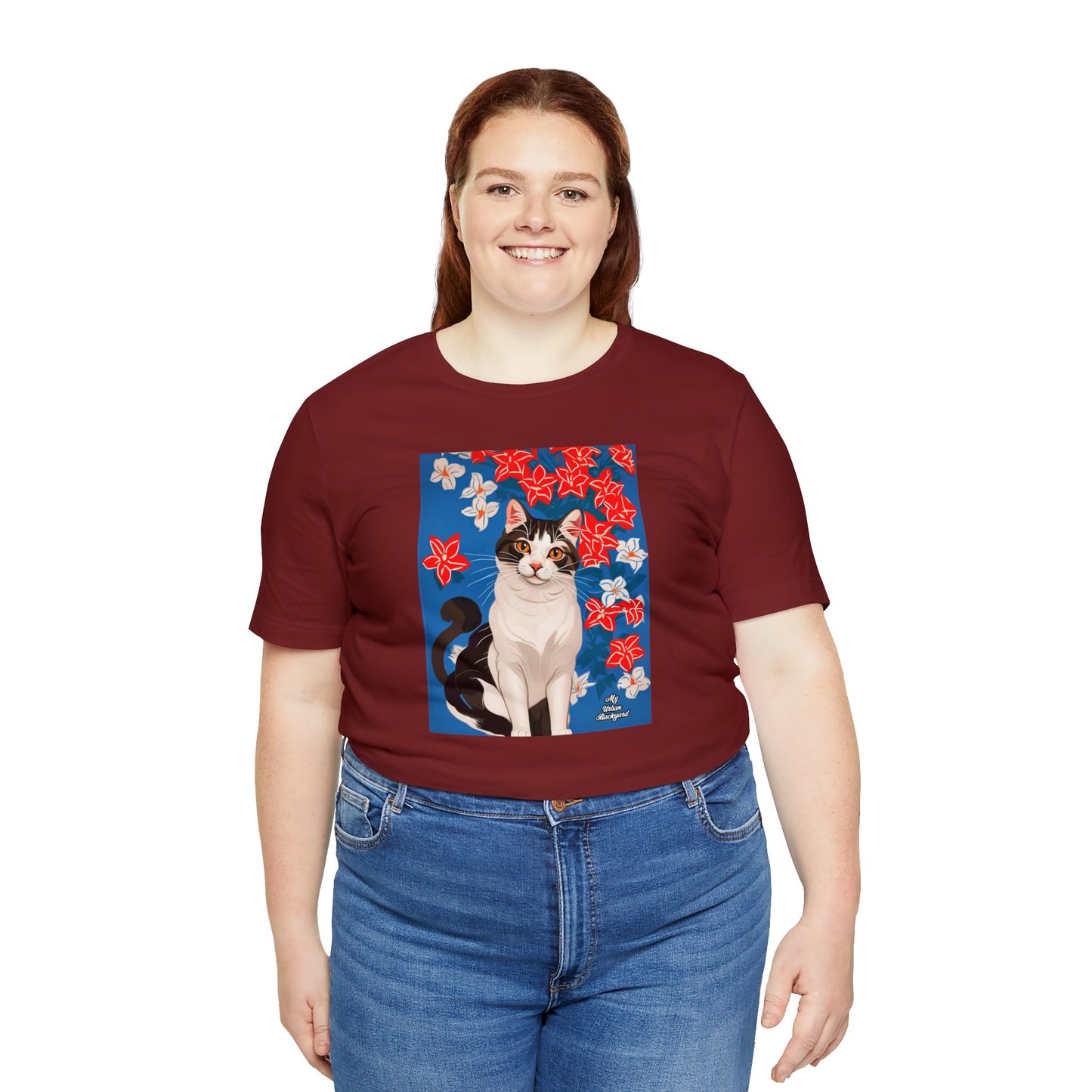Cat with Red and White Flowers, Soft 100% Jersey Cotton T-Shirt, Unisex, Short Sleeve, Retail Fit