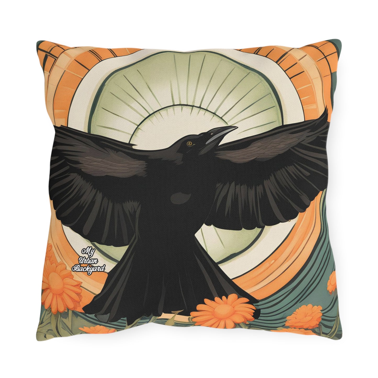 Flying Crow, Terracotta accent color, Throw Pillow, Indoor/Outdoor Decor for Home or Office