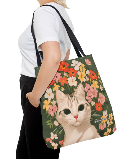 White Cat with Flowers Tote Bag with Cotton Handles For Everyday Use, 3 Sizes