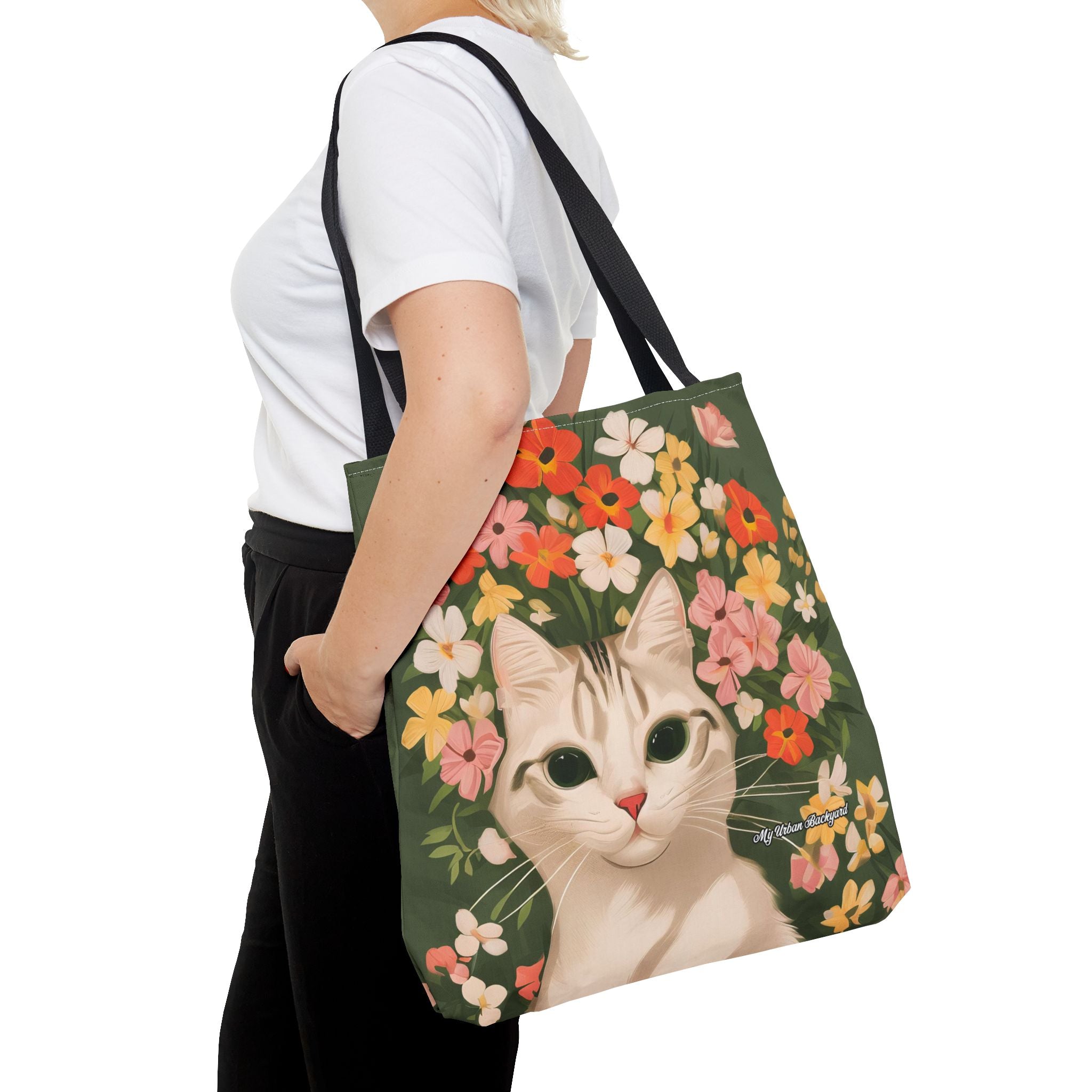 White Cat with Flowers Tote Bag with Cotton Handles For Everyday Use, 3 Sizes