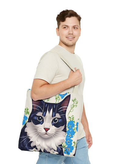 Cat and Blue Flowers Tote Bag with Cotton Handles For Everyday Use, 3 Sizes