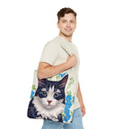 Cat and Blue Flowers Tote Bag with Cotton Handles For Everyday Use, 3 Sizes